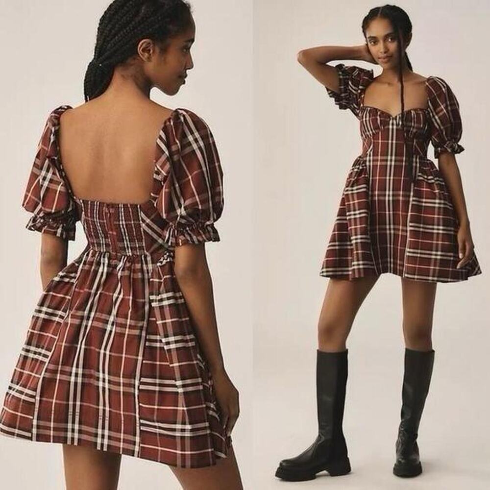 Anthropologie Maeve burgundy plaid babydoll dress with puff sleeves